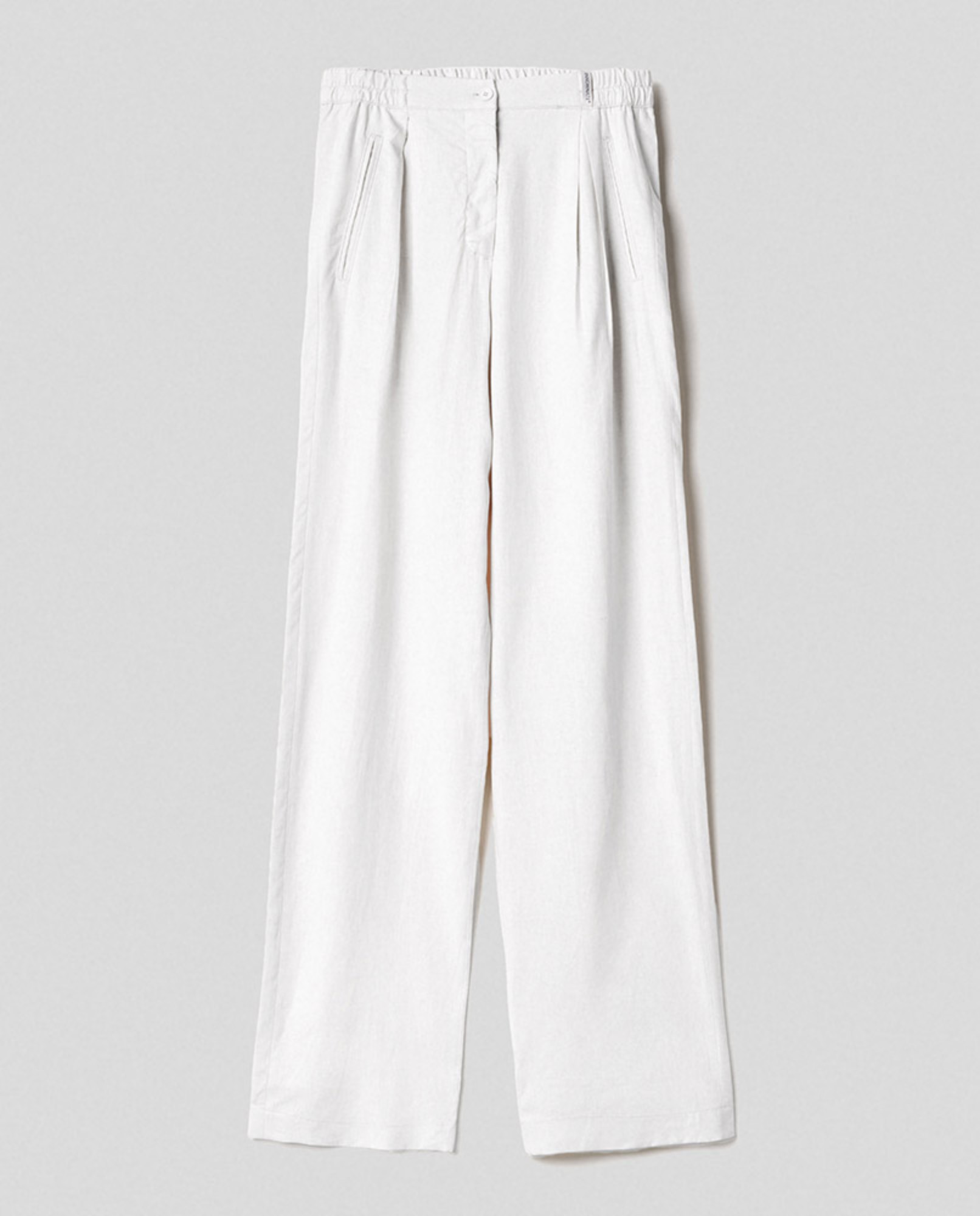 Pantalone largo dritto in lino con elastico e bottone in vita  • Bianco