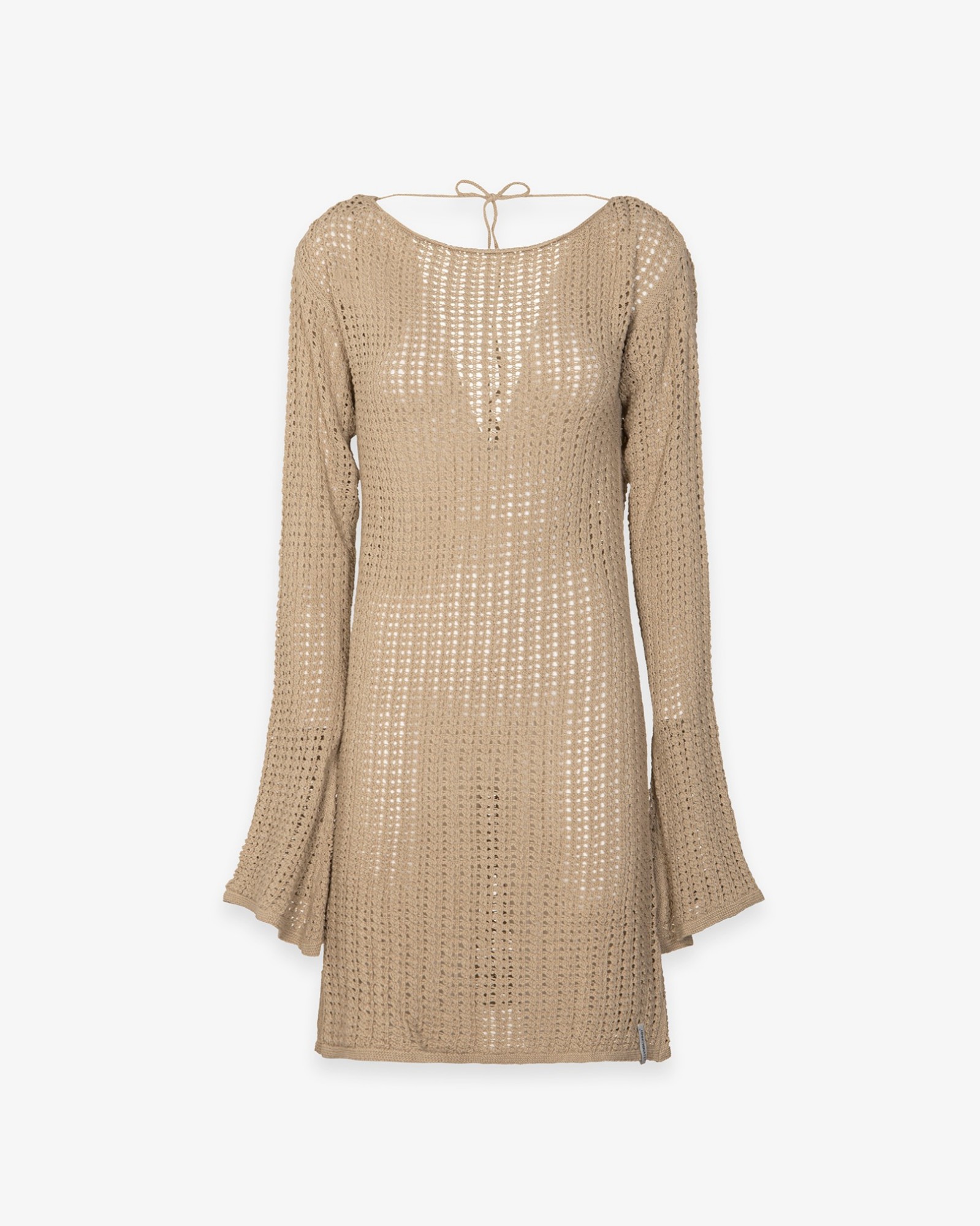 Abito Corto Con Manica A Trombetta In Maglia Traforata • Beige