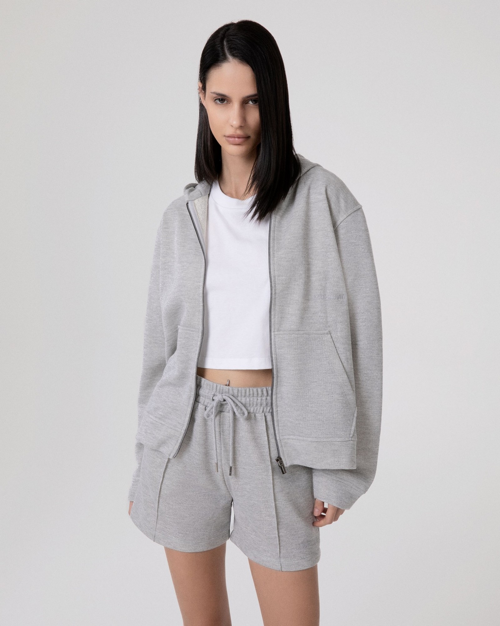 Felpa Lurex Cappuccio Full Zip Con Marsupio • Grigio Melange Sbiancato