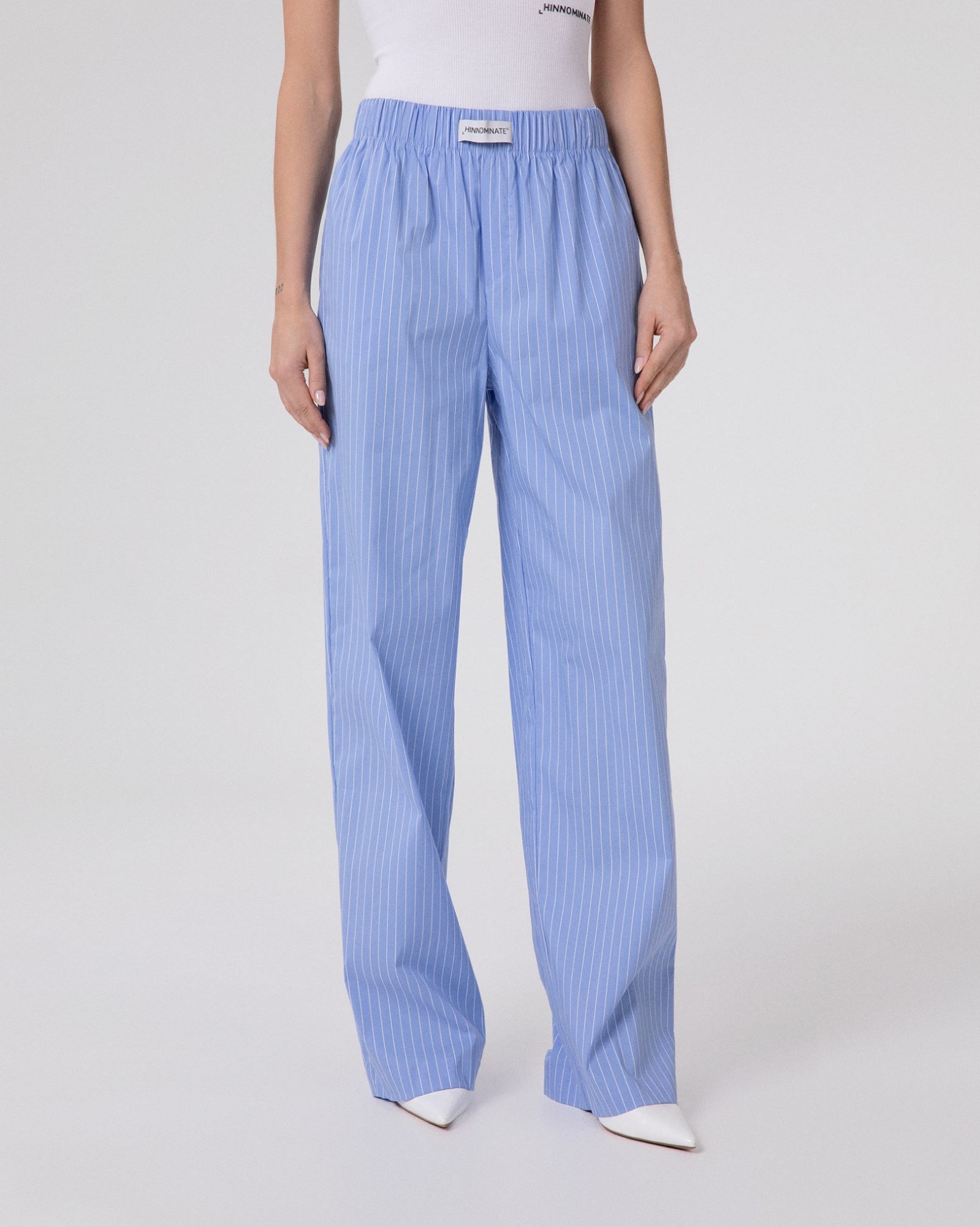 Pantalone Dritto Rigato In Cotone • Azzurro
