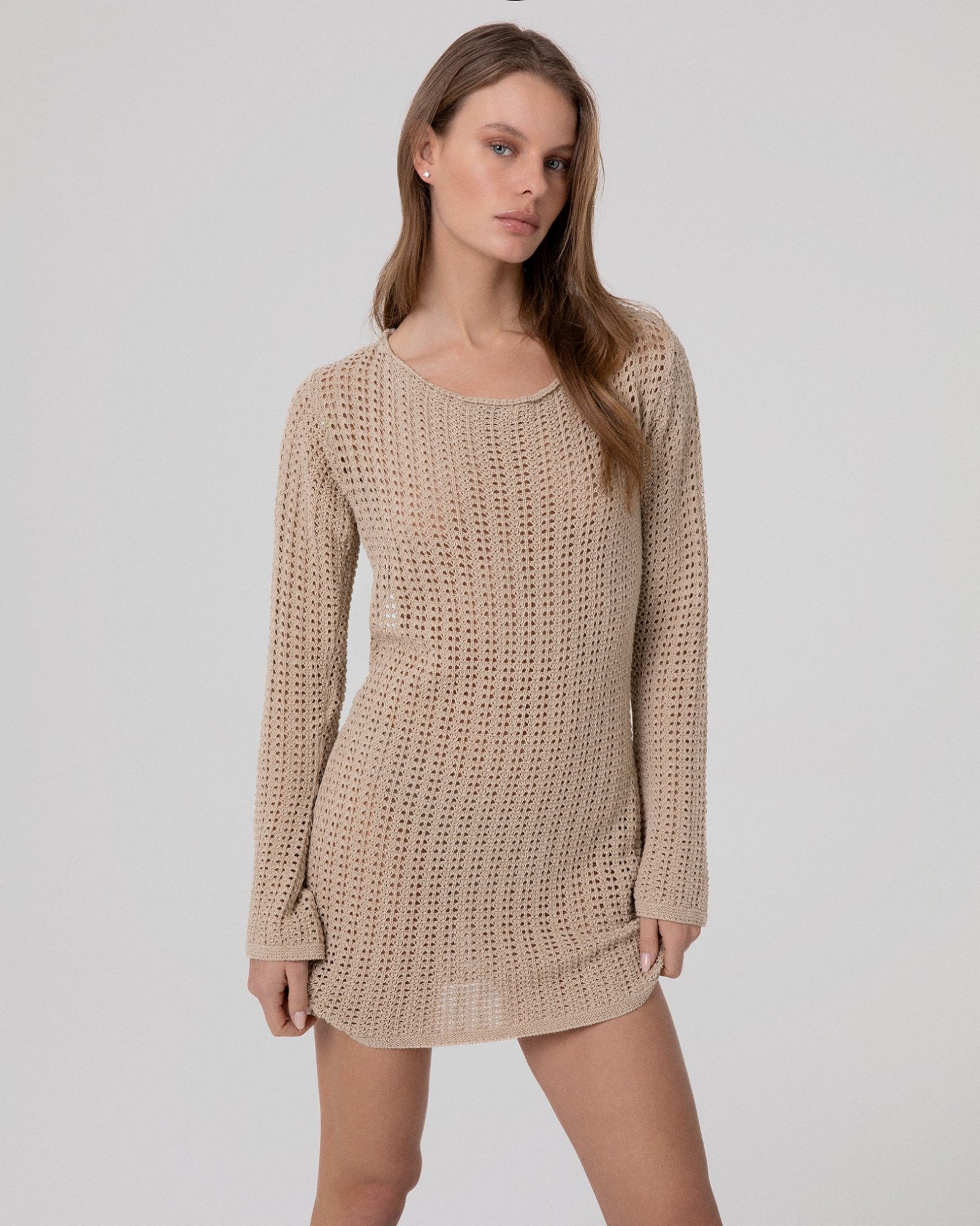 Abito Corto Con Manica A Trombetta In Maglia Traforata • Beige