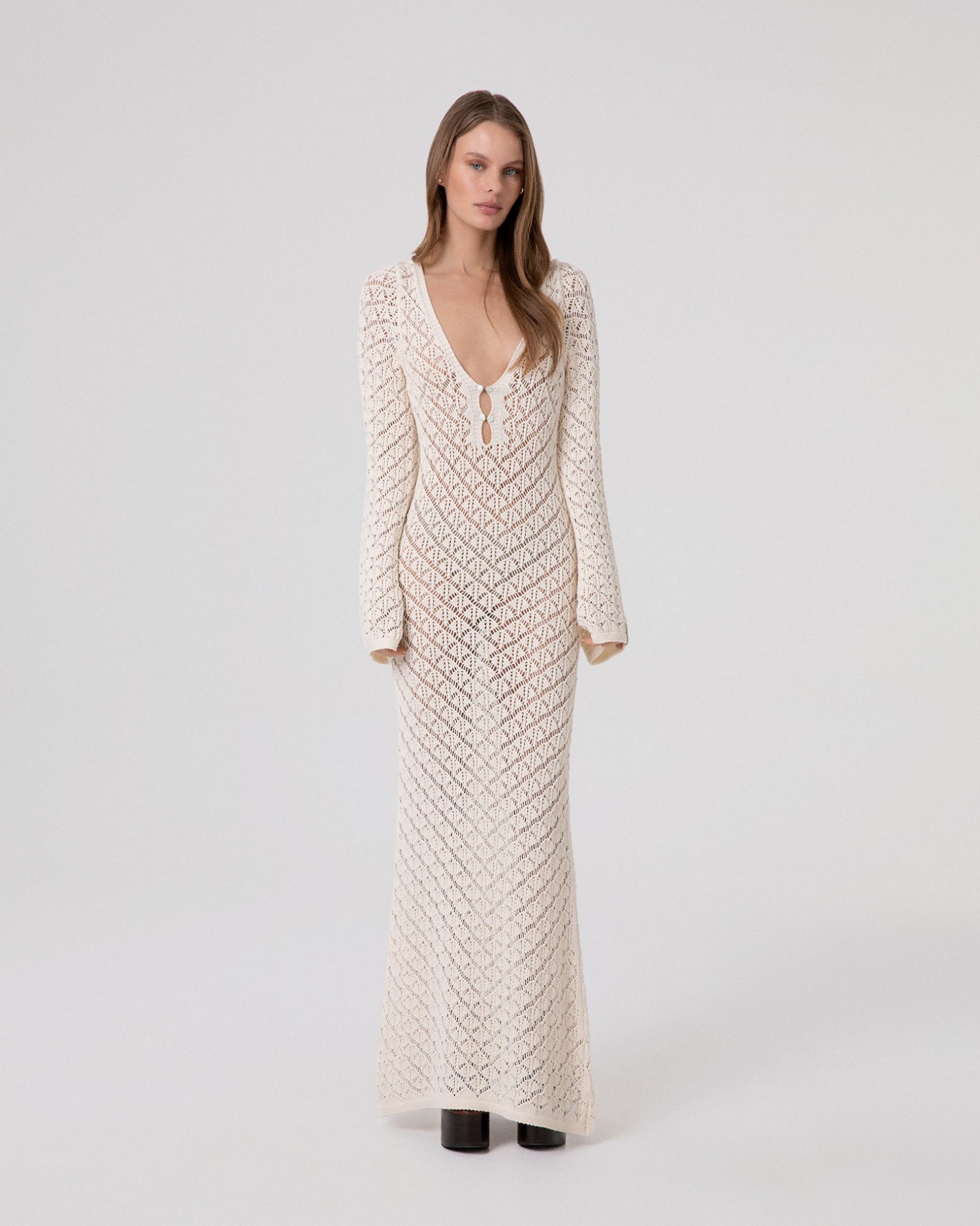 Abito Lungo M/L A Trombetta In Maglia Traforata • Beige