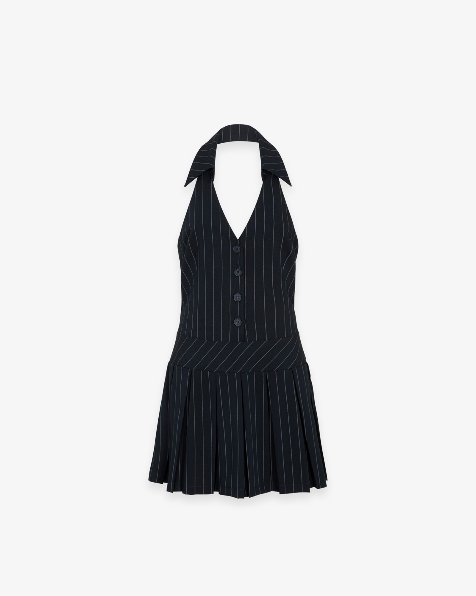 Abito Corto Gessato Con Colletto A Polo • Blu